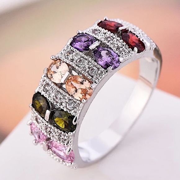 PLATINUM RAINBOW ZIRCON PROMISE CZ BAND RING - Picture 4 of 9